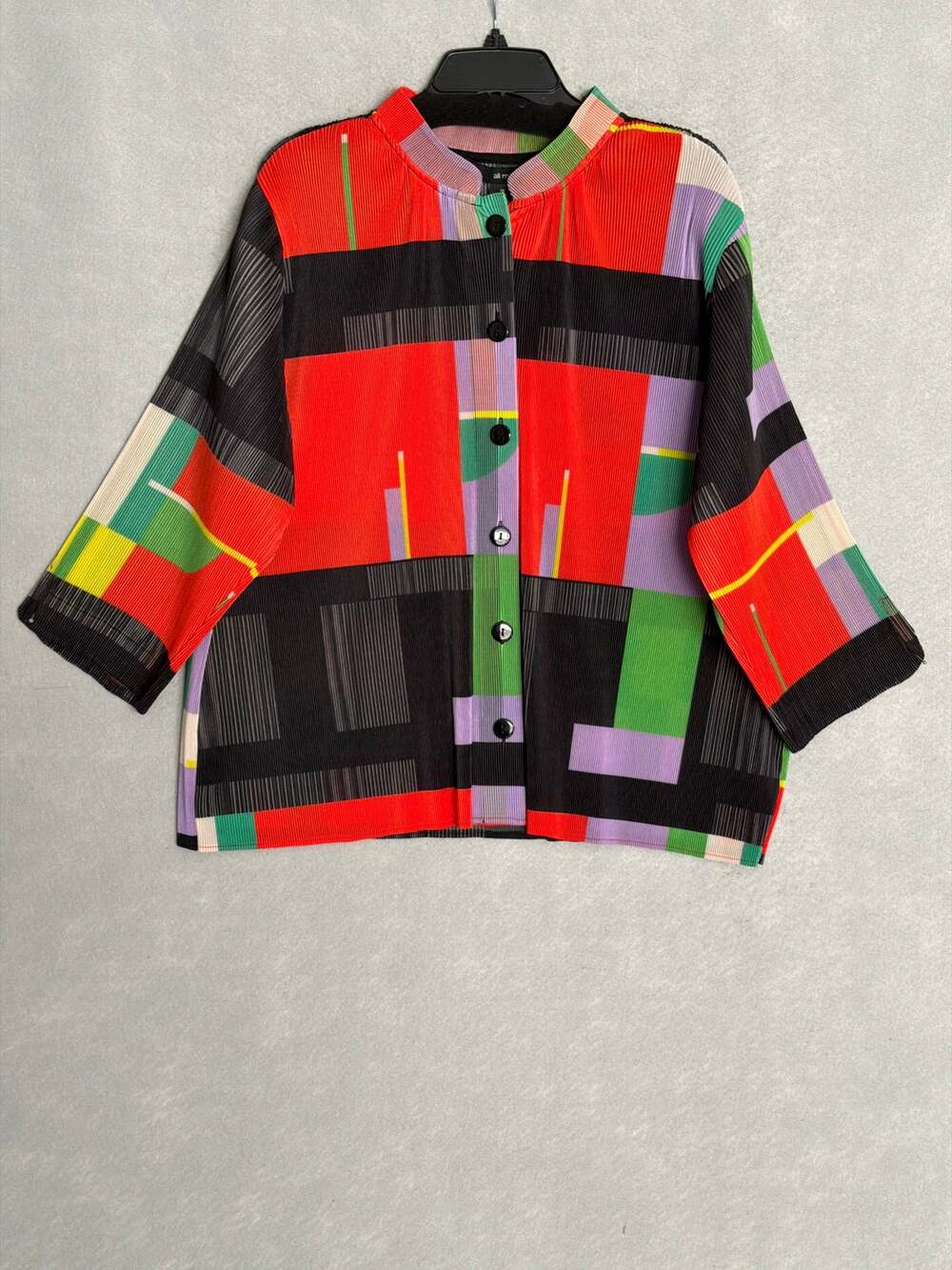 Ali Miles Geometric Micro Pleated Top Button-Front 3/4 Sleeve Women's 2X NEW